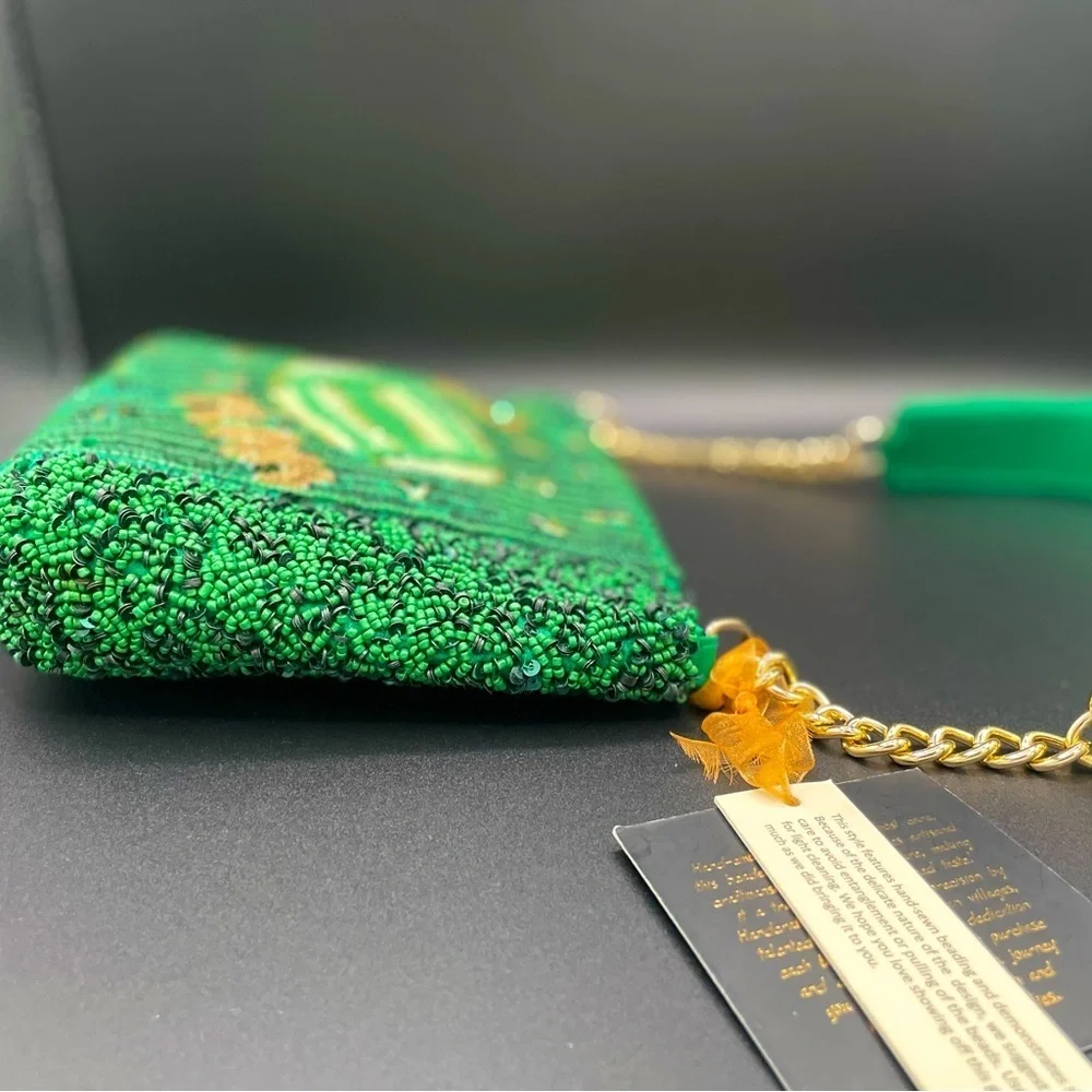 Green Beaded Go Team Football Beaded Shoulder Bag WITH Megaphone Charm